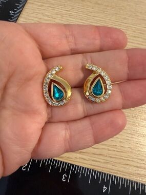 Gold Teardrop Earrings Teal Crystal and Clear Accents vintage Swarovski SAL